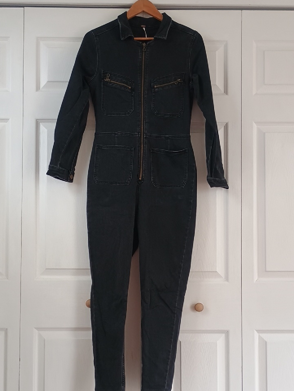 Free People Black Denim Long Sleeve Zip-Front Jumpsuit
